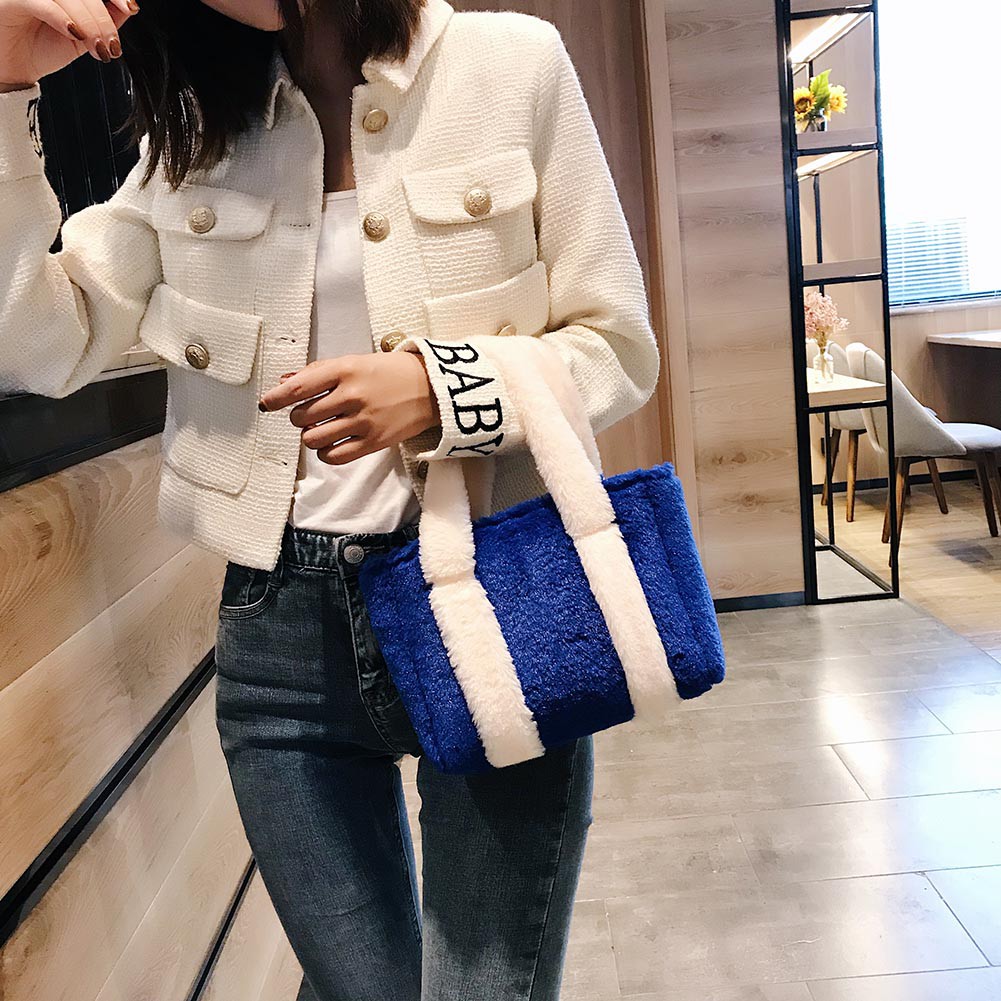 ✿starsstore✿Women Hit Color Handbag Plush Clutch Sling Bag Shoulder Top-handle Bags-250977