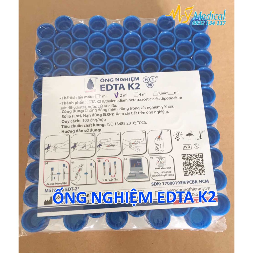 Ống nghiệm nhựa EDTA K2 chống đông máu nắp xanh (lốc 100 ống)