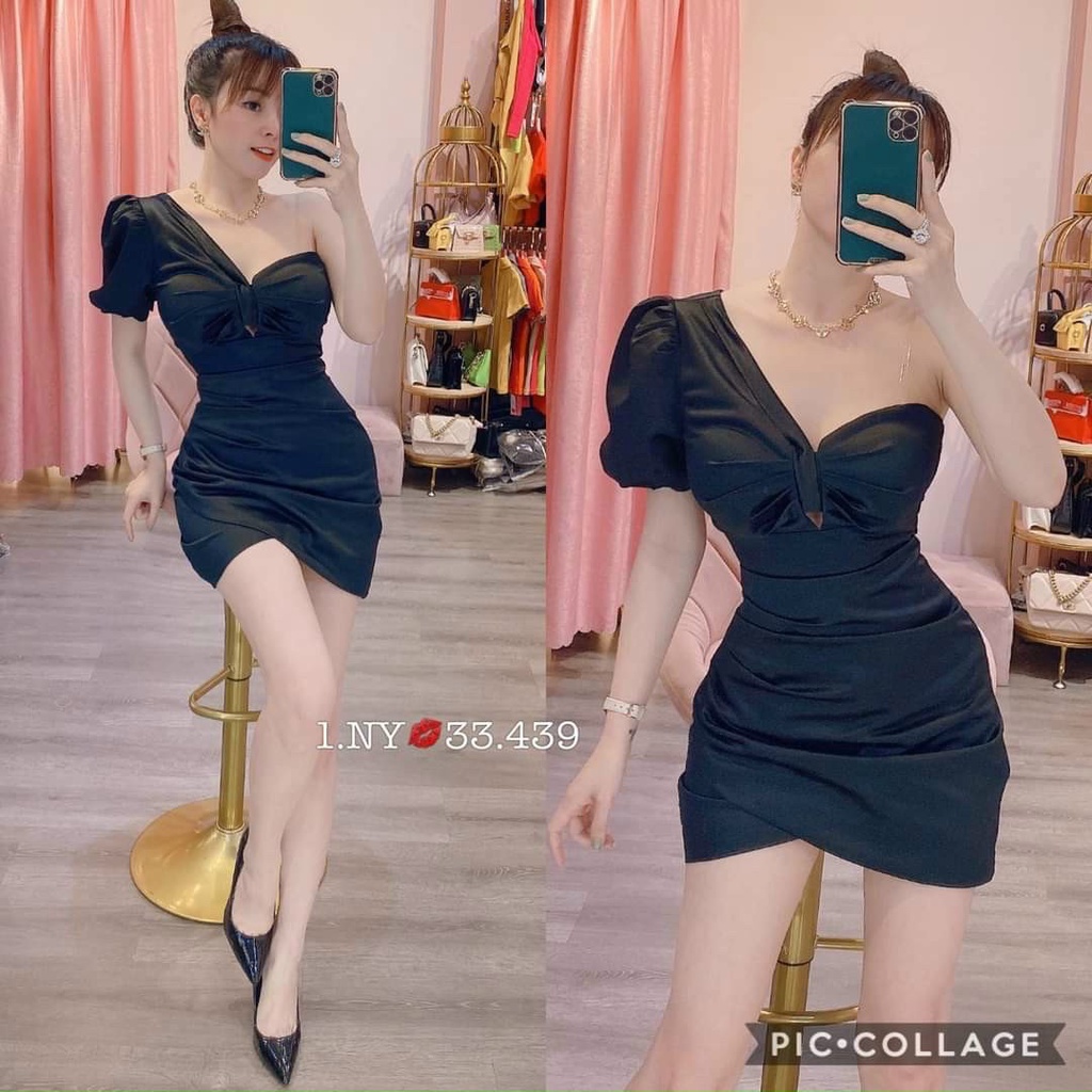 Đầm nữ body lệch vai 1 tay nhúm thân ( có mút ngực ) họa tiết 4 màu như hình thích hợp đi chơi