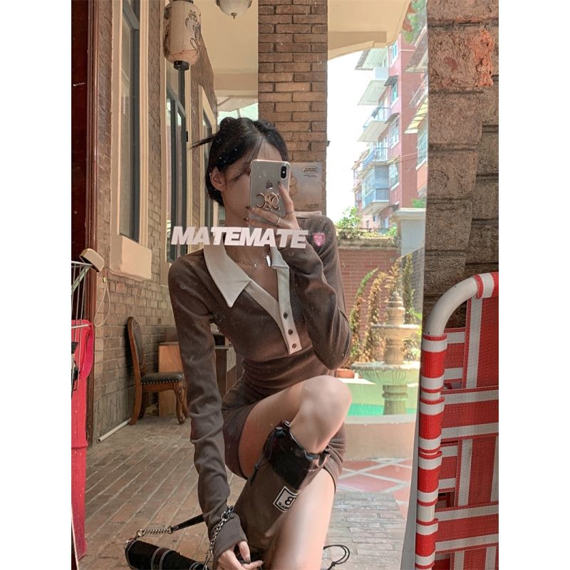 COZOK Đầm Tay Dài Cổ Polo Dáng Ôm Phối Màu Tương Phản Quyến Rũ