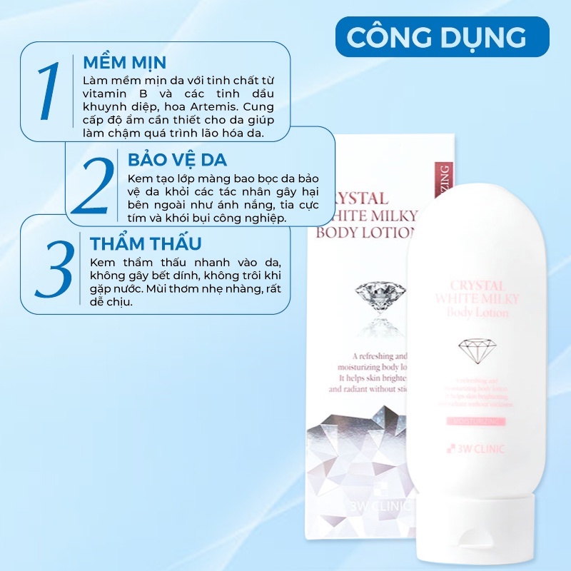 Kem Dưỡng Trắng Da Toàn Thân Body Crystal White Milk Lotion 3w Clinic Hàn Quốc 150ml Giúp Da Trắng Sáng & Cung Cấp Độ Ẩm