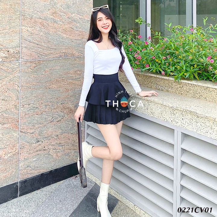 Chân váy xòe ngắn 2 tầng xếp li to cạp cao đen THOCA HOUSE trẻ trung, năng động, dễ phối trang phục | BigBuy360 - bigbuy360.vn