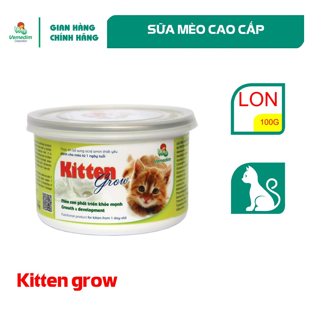 Vemedim Kitten Grow sữa cao cấp dành cho mèo con, bổ sung acid amin thiết yếu cho mèo con từ 1 ngày tuổi, lon 100g