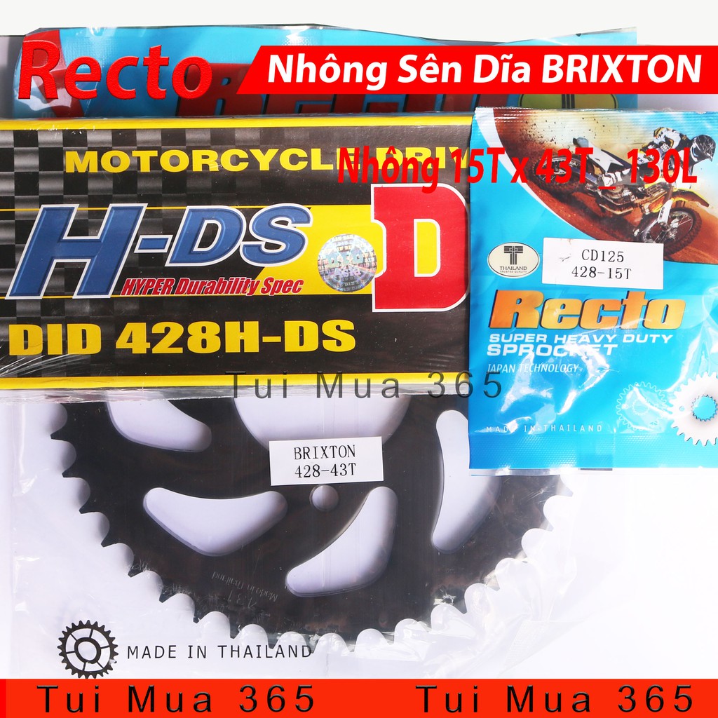 Nhông Sên Dĩa Recto Brixton 125, 150cc, Winner Sên Đen 130L 10ly DID HDS Thái Lan 15T x 43T