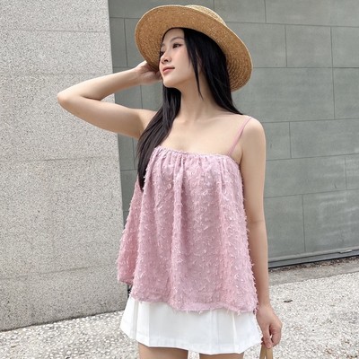 YU CHERRY | Áo hai dây nữ vải voan đính lông vũ, Strap Cami Top YA412