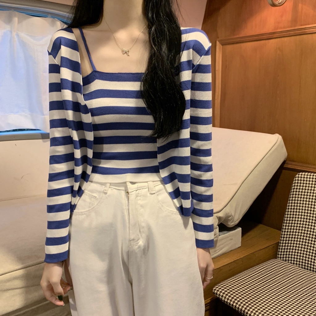 Set 2 món ZHELIHANGFEI áo hai dây + áo khoác cardigan họa tiết kẻ sọc thời trang