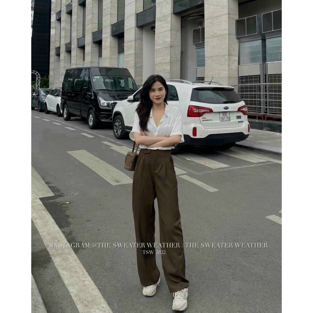 [Ảnh thật/sẵn] Quần suông Túi Nắp hack dáng chất Lụa phong cách Hàn Quốc