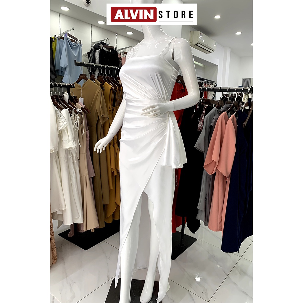 Đầm Dạ Hội Lụa Cao Cấp Kiểu 2 Dây Cúp Ngực Xẻ Tà Nơ Eo Xếp Ly Sang Trọng Tôn Dáng Alvin Store 0808