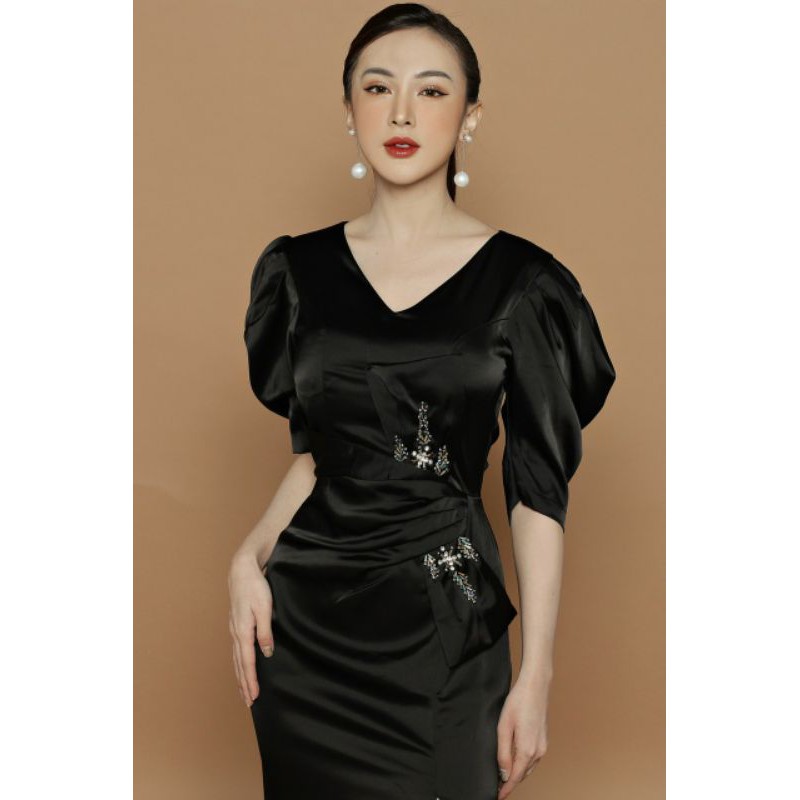 Đầm dạ hội tay phồng đính pha Lê cao cấp có size 2XL tặng hoa tai thời trang