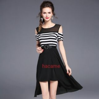 Váy sọc hở vai kèm belt đen
