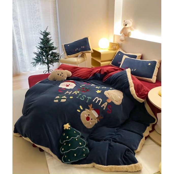 Bộ chăn ga gối nỉ nhung cao cấp Santa Claus Merry Christmas tặng kèm gối trang trí