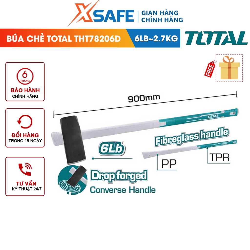 Búa chẻ 6LB TOTAL THT78206D, búa chẻ (tay cầm ngược) đầu búa được đúc rèn nguyên khối, chịu nhiệt - chính hãng