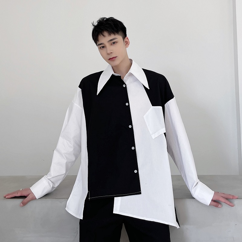 August✔Áo sơ mi phối màu trắng đen cá tính trẻ trung