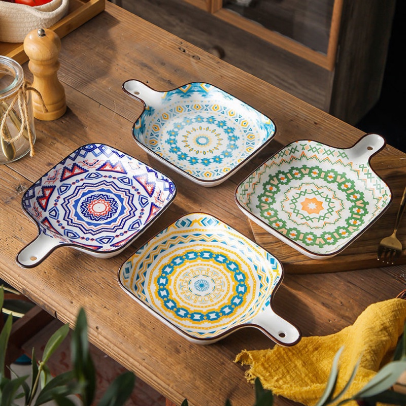 Đĩa sứ decor , đĩa sứ vuông có tay cầm Bohemia Holame