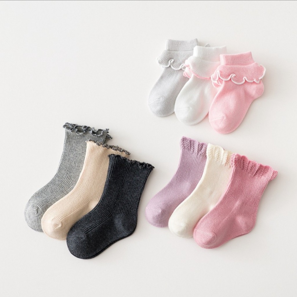 Tất, Vớ Ren cổ hoa hàng hãng KIDS SOCK xinh xắn dày dặn cho bé