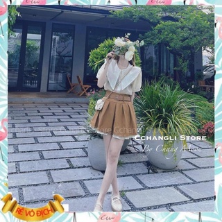Set áo sơ mi cổ sen mix chân váy kaki xòe