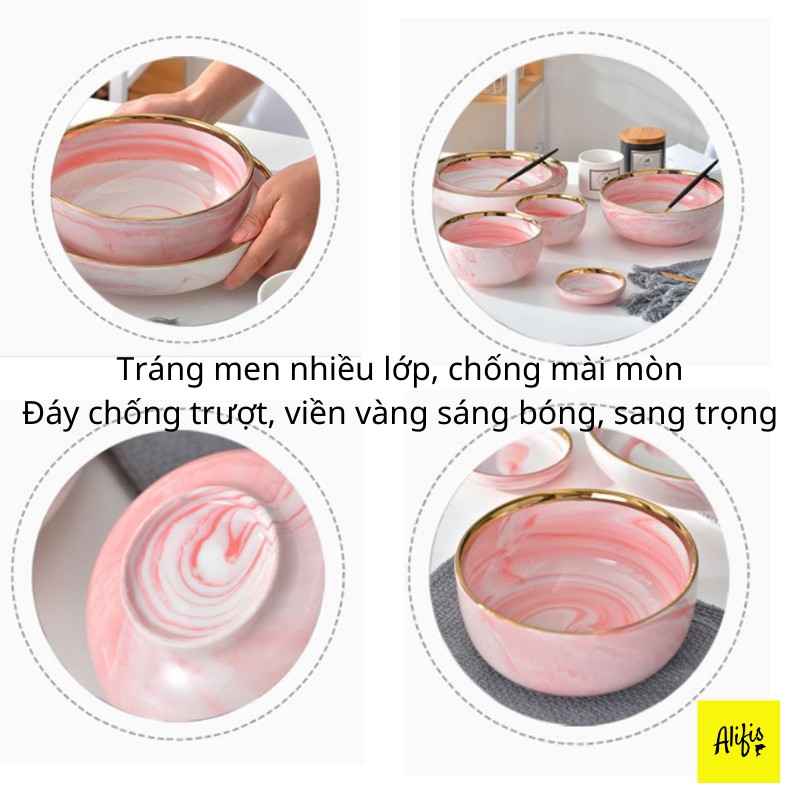 Bát đĩa, bát đĩa sứ vân hồng viền vàng sang trọng - phụ kiện bàn ăn sang trọng