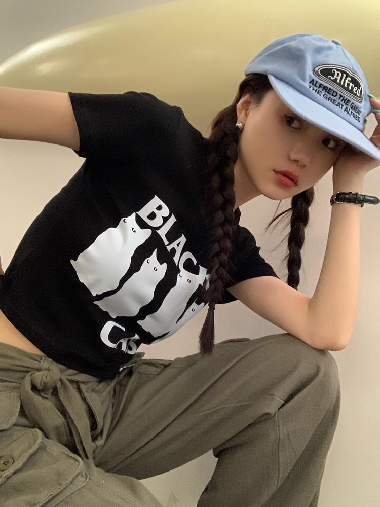 Áo Thun Lửng Tay Ngắn Dáng Ôm In Hình Mèo Dễ Thương Cho Nữ 50765