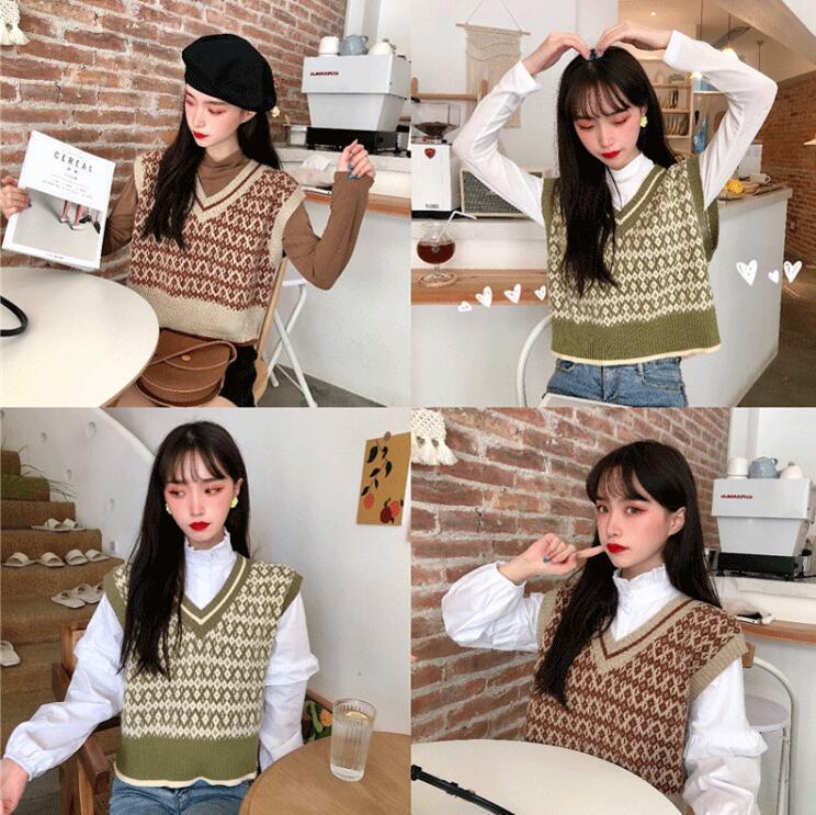 Áo Sweater Dệt Kim Sát Nách Màu Cà Phê Sọc Ca Rô Kiểu Hàn Quốc Thời Trang Mùa Thu Cho Nữ
