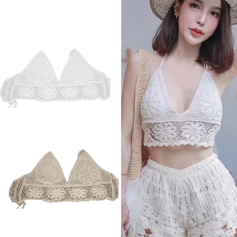 Youyo Áo Ngực Crop Top Dệt Kim Viền Hình Hoa Hướng Dương Khoét Rỗng Gợi Cảm Cho Nữ Spa