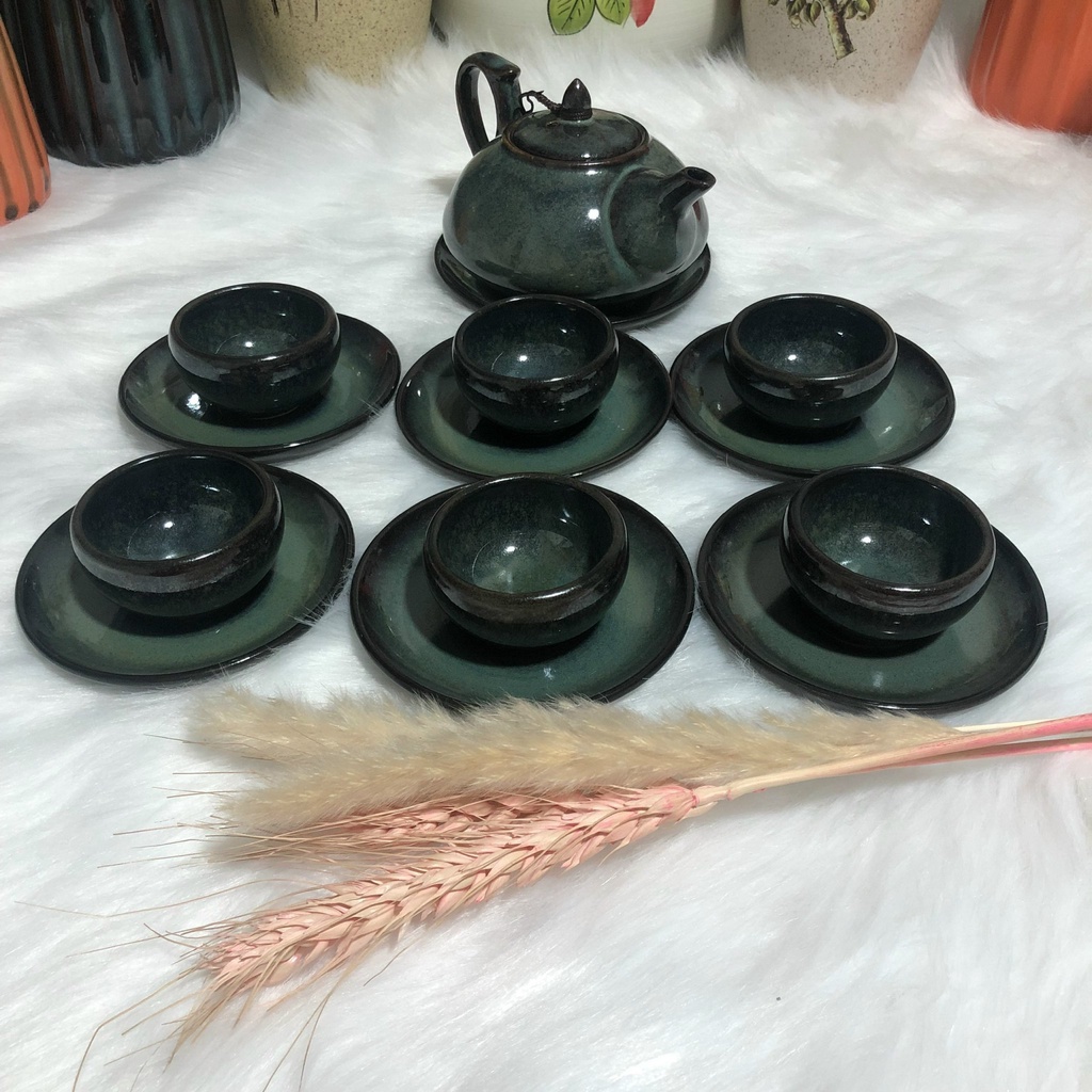Bộ ấm chén Bát tràng hỏa biến XANH ĐỒNG ẤM ĐÈN THẦN vẽ tay hoa đào trong lòng gốm cam kết hàng chuẩn