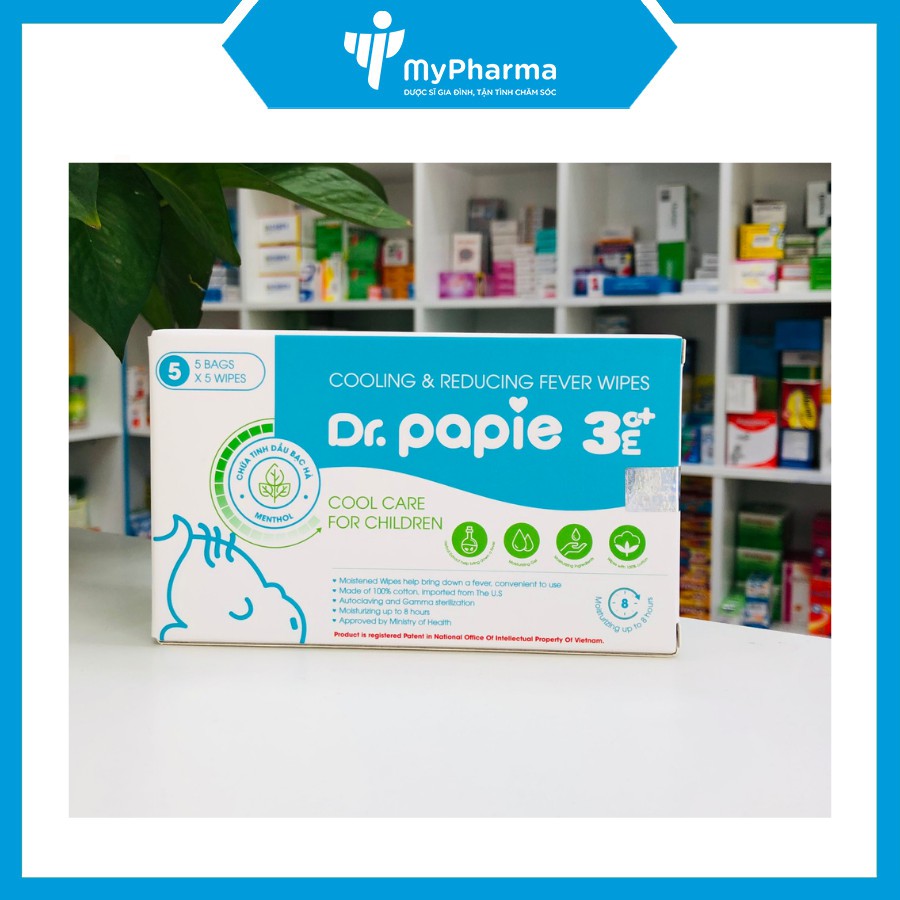 Khăn hạ sốt Dr. Papie 3+ - hạ nhiệt giảm sốt (5 túi x 5 khăn)