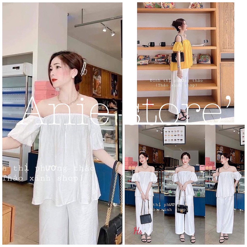 Bộ Áo Trễ Vai Quần Trắng Đũi 🦋 Set Đũi Áo Hở Vai Kèm Quần Suông Ống Rộng 2 Màu 🦋