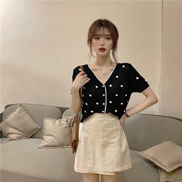 Áo cardigan ZHELIHANGFEI dệt kim tay ngắn cổ chữ V màu đen họa tiết chấm bi xinh xắn thời trang