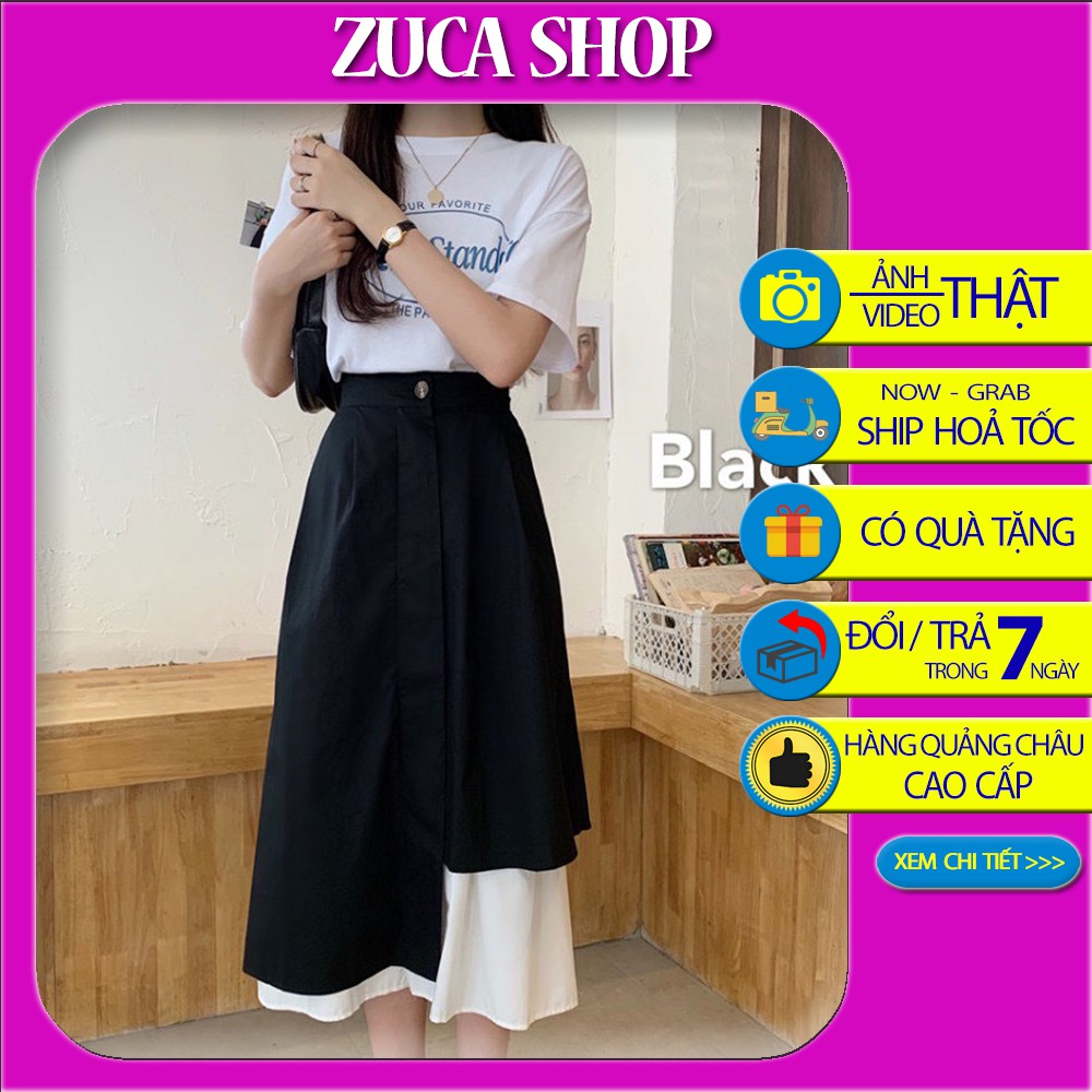 Chân váy ulzzang xòe vạt lệch phối đen trắng - Chân váy dài phong cách hàn quốc CV09
