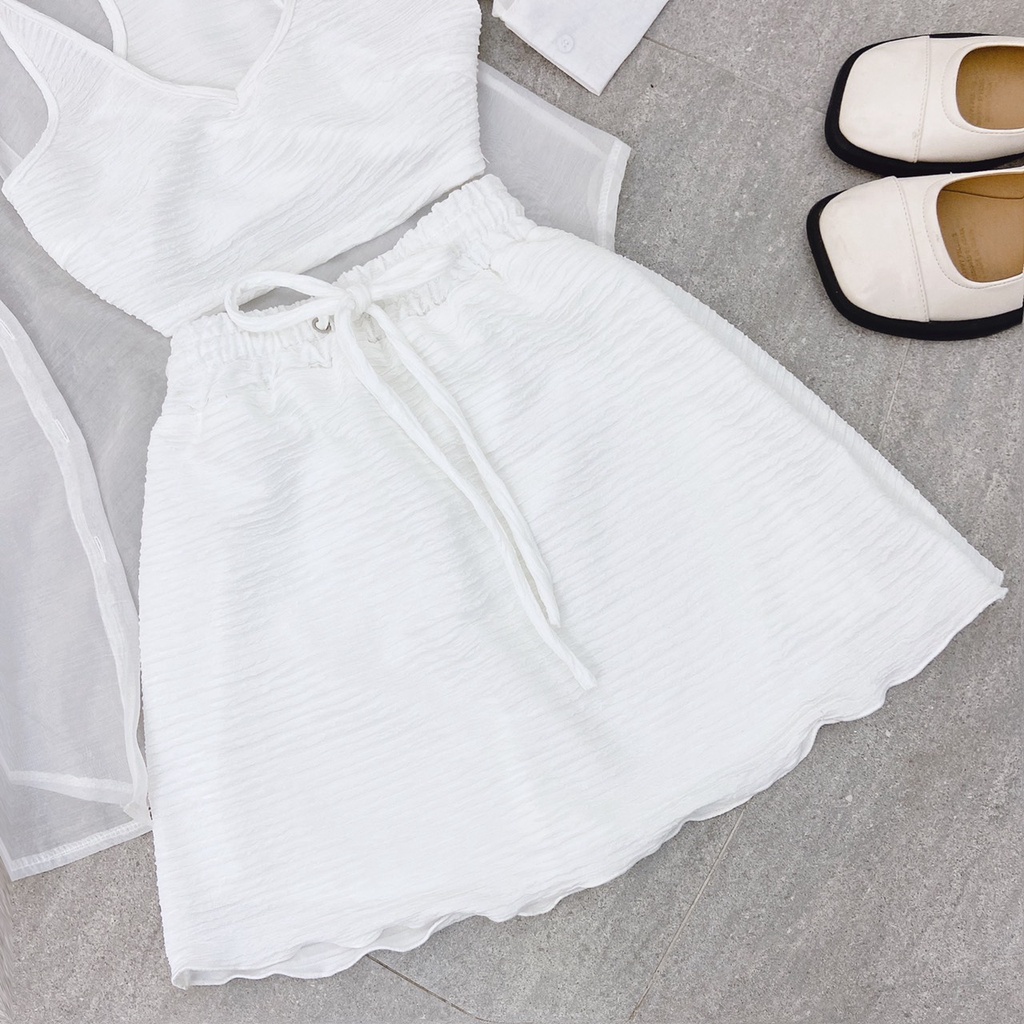 SET ÁO THỂ THAO 3 MÓN: ÁO BRA CROPTOP + ÁO SƠ MI KHOÁC MỎNG + CHÂN VÁY LƯNG THUN RÚT DÂY