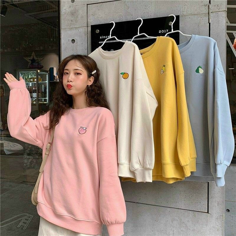 Áo sweater thêu hình trái cây và in hinh họa tiết phong cach Korea kèm video, ảnh thật