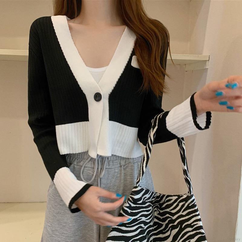 Áo Khoác Cardigan Dệt Kim Tay Dài Phối Màu Tương Phản Phong Cách Retro Hàn Quốc Cho Nữ