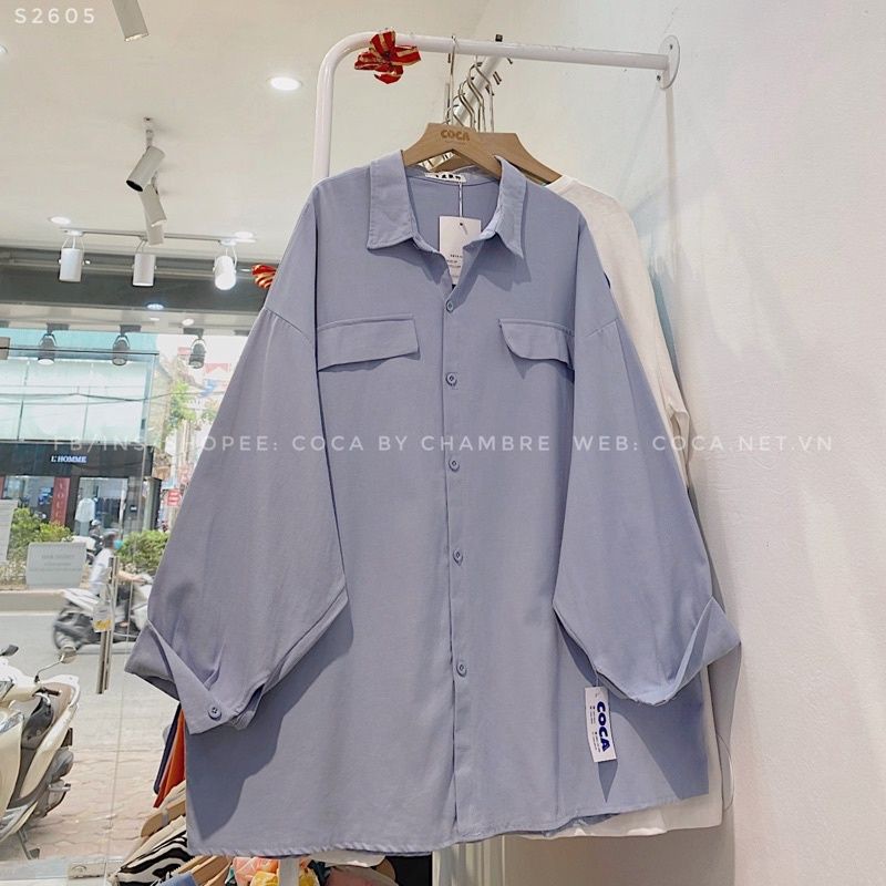 Áo sơ mi khoác ngoài basic túi nắp chất thô vân chéo mềm đẹp fom rộng-2605