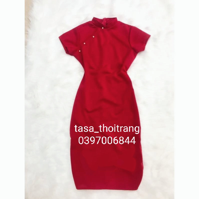 T72 Ảnh thật Đầm body cổ tàu xẻ tà đính ngọc sườn xám áo dài cách tân mặc xuân Tết