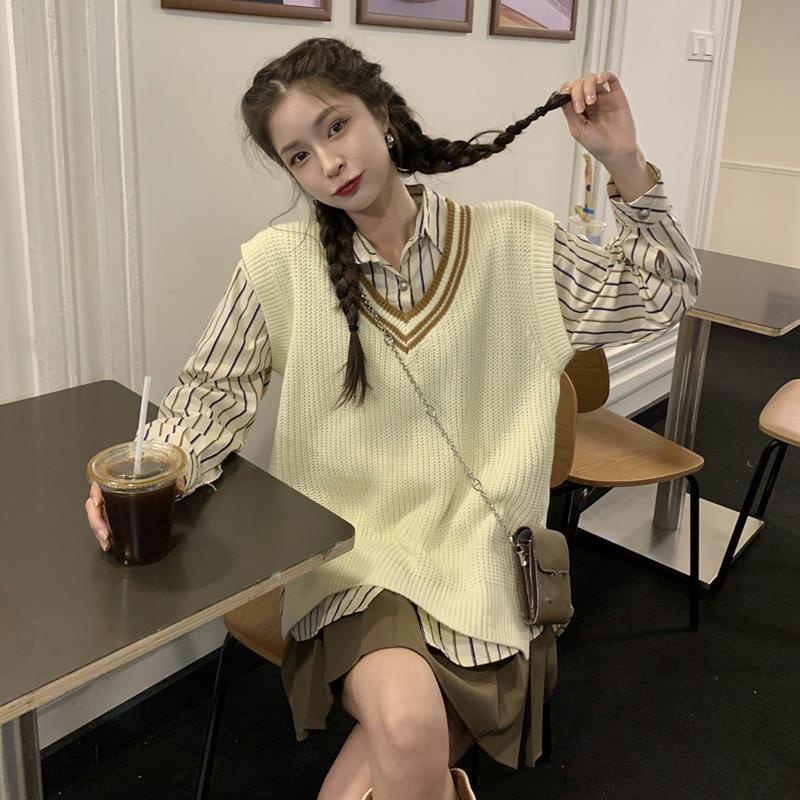 Set Áo Len Không Tay Họa Tiết Kẻ Sọc Kèm Áo Khoác Ngoài Thời Trang Cho Nữ