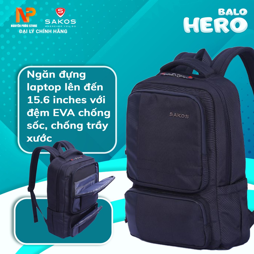 Balo thời trang cao cấp Sakos Hero ,chất liệu trượt nước,tích hợp ngăn chứa laptop 15.6 inch