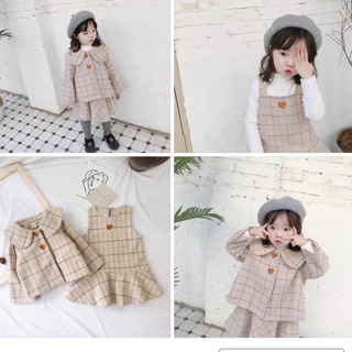 Set váy dạ kèm áo khoác choàng sang chảnh bé gái