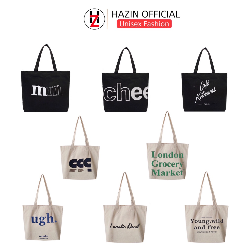 Túi tote Hazin vải canvas ulzzang unisex in chữ có khoá miệng ngăn phụ nhỏ HZ58