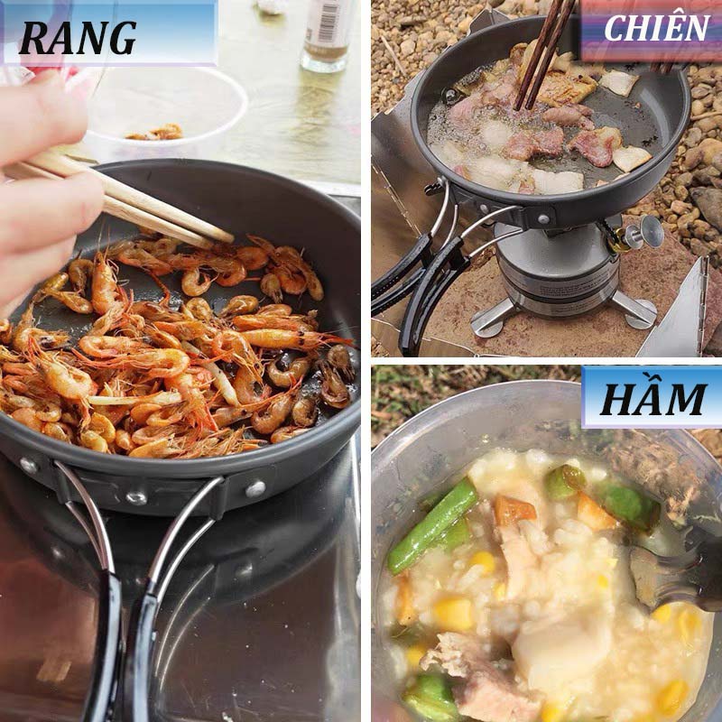 BỘ NỒI NẤU ĂN dã ngoại COOKING SET DS308 - BỘ NỒI DU LỊCH CAO CẤP, ĐA NĂNG 3 món có vung Dùng cho 2-3 người PICNIC NHÓM