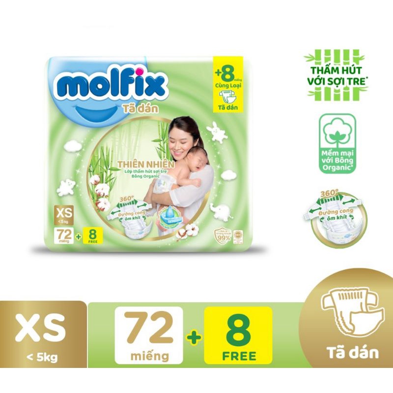 Tã dán sơ sinh thiên nhiên Molfix XS72+8 miếng