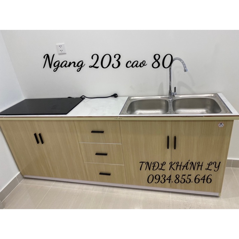 Tủ bếp nhựa 4cánh 3ngăn kéo có bồn rửa đôi,vòi inox304 ngang 203x80 vân gỗ.