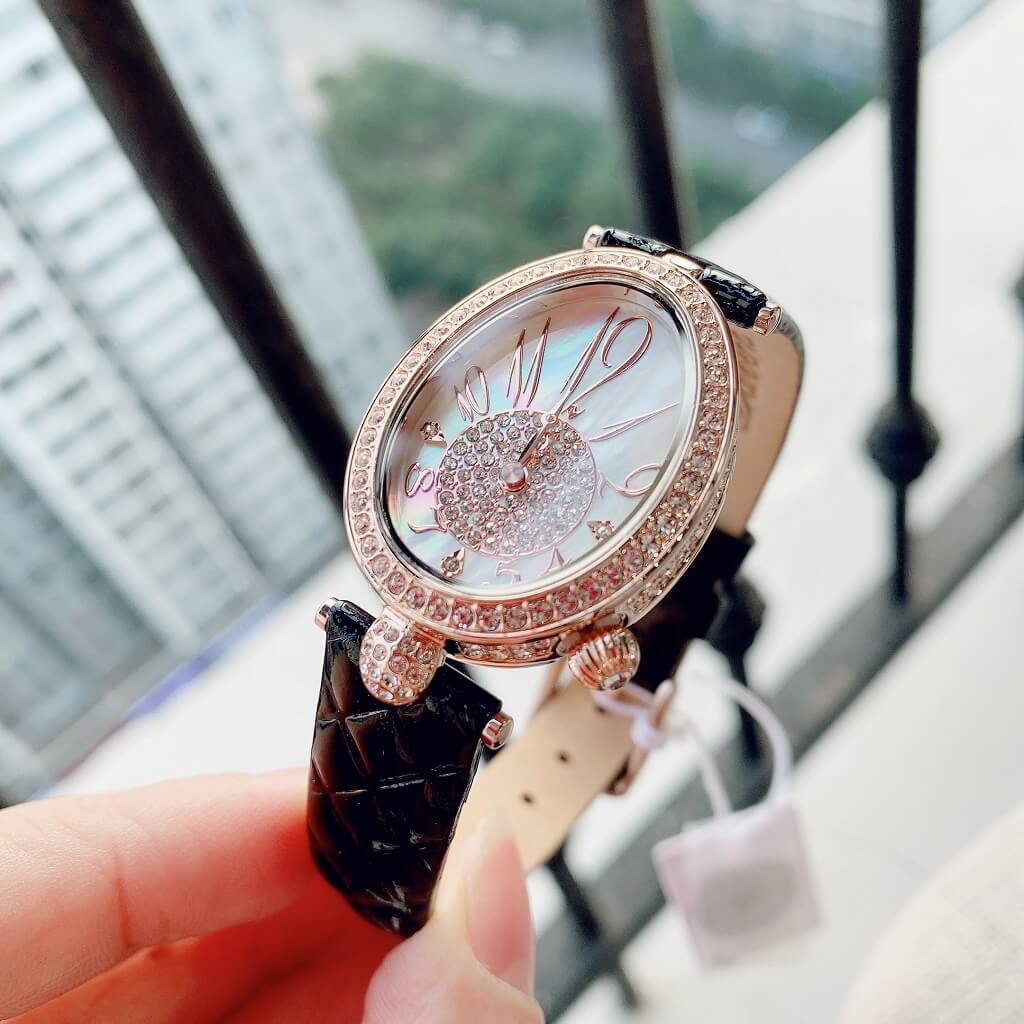 Đồng hồ nữ Davena D31933 Rose Gold - vàng hồng - đính đá Swarovski dây da trần trám