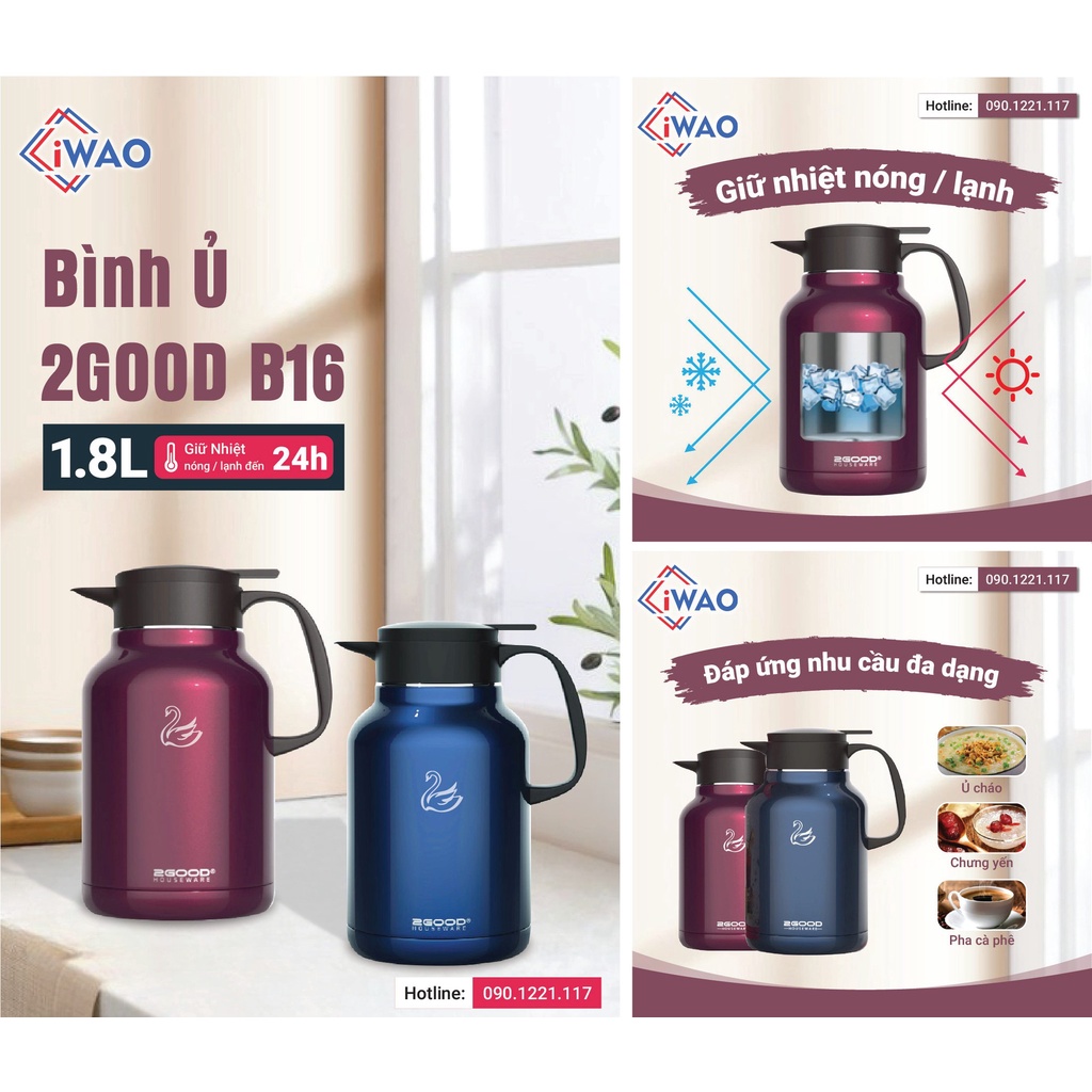 Phích Pha Trà, Bình Giữ Nhiệt, Bình Ủ 2GOOD B16 (1.8L) Hàng Chính Hãng Giữ Nhiệt Nóng Lạnh Suốt 24h