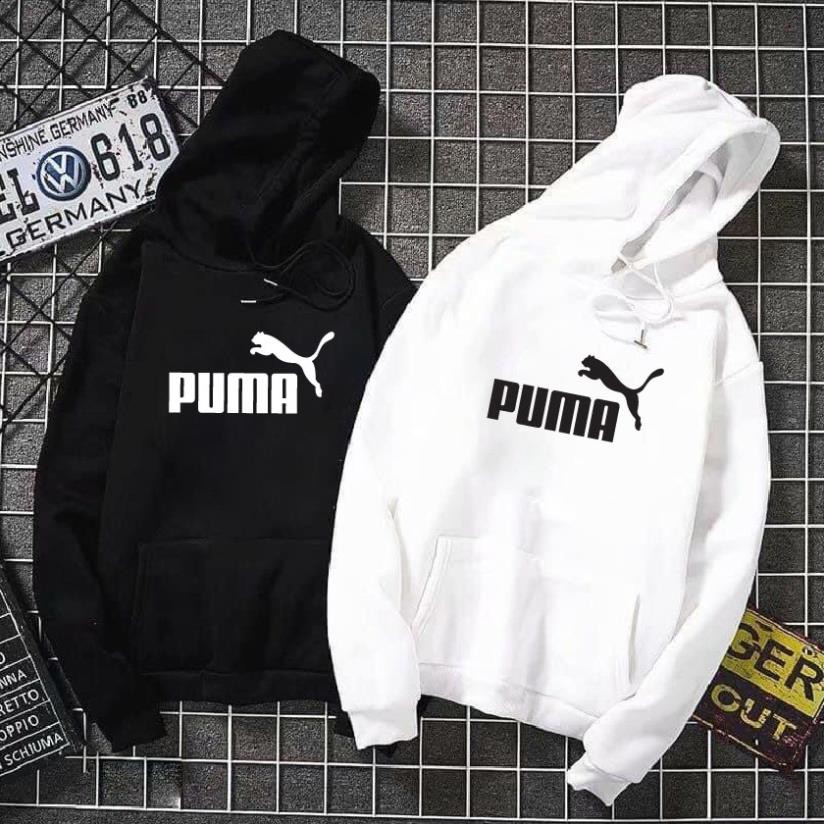 Áo nỉ hoddie thu đông pum@ form suông rộng unisex cổ tròn, 4 màu trắng, đen, xanh, ruốc hồng