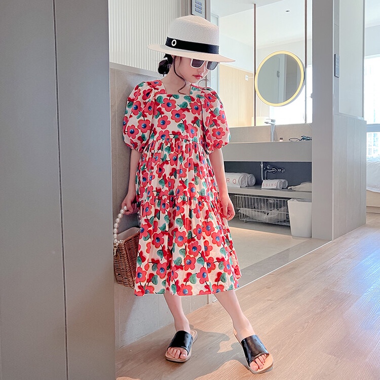 Đầm Tay Ngắn Họa Tiết Hoa Xinh Xắn Cho Bé Gái Từ 5-6 Tuổi Từ 6-7 Tuổi 7-8-9 Tuổi 9-10 Tuổi 10-11-12 Tuổi 12-13 Tuổi