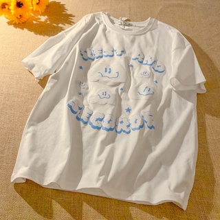 Áo Thun Tay Ngắn Dáng Rộng In Hình Đám Mây Phong Cách Vintage Hàn Quốc Dễ Phối Đồ Thời Trang Cho Nữ Size S-3Xl