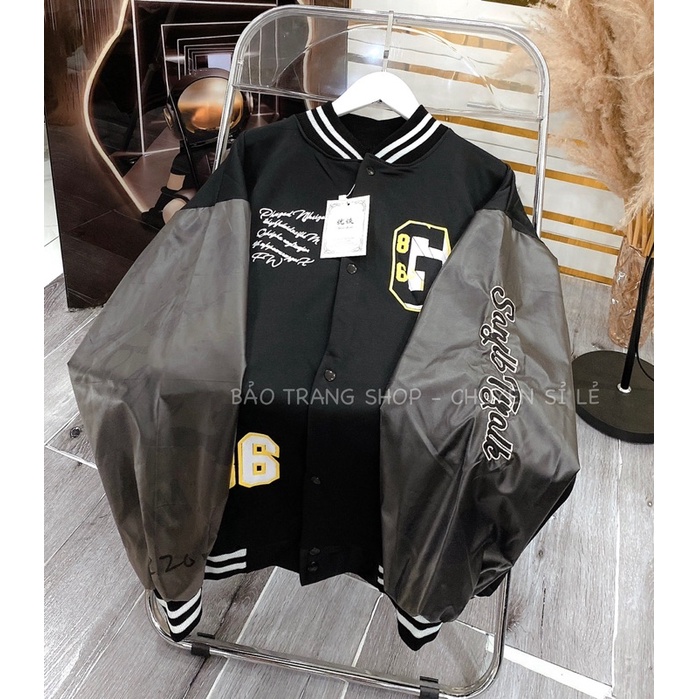 Áo Khóac Form Rộng Nhung Tăm Phối tay da Jacket Chữ G - Màu Đen