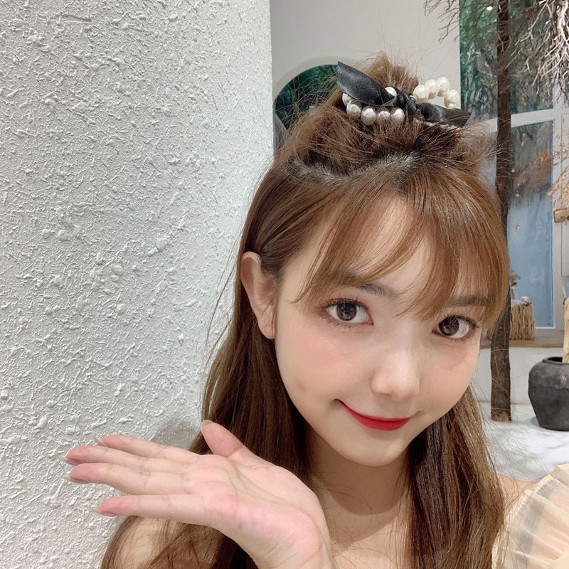 Dây buộc tóc đuôi ngựa thắt nơ đính ngọc trai phong cách Hàn Quốc đơn giản thời trang cho nữ