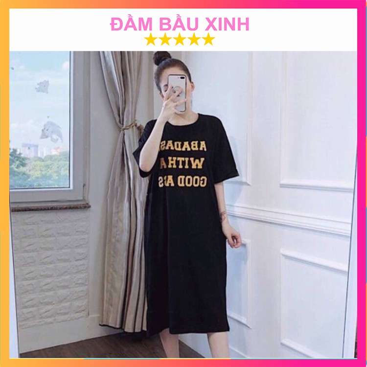 Váy Bầu Suông Dáng Dài Đầm Suông Nữ Xoắn Lưng Họa Tiết Chữ Adabat Form Rộng Chất Thun Cotton Hàng VNXK