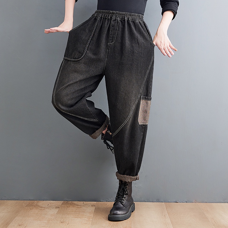 B263 Quần bò bigsize cạp chun dáng suông có túi 2 bên thời trang